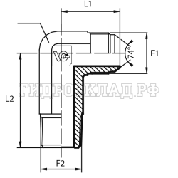 Адаптер 90° JIC(ш) 7/16" - BSPT(ш) 1/4" L2=52.5 удлин. (Vitillo SPA)