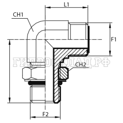 Адаптер 90° ORFS(ш) 1.3/16" - UNF(ш) 1.1/16" o.r.+ контргайка (Китай)